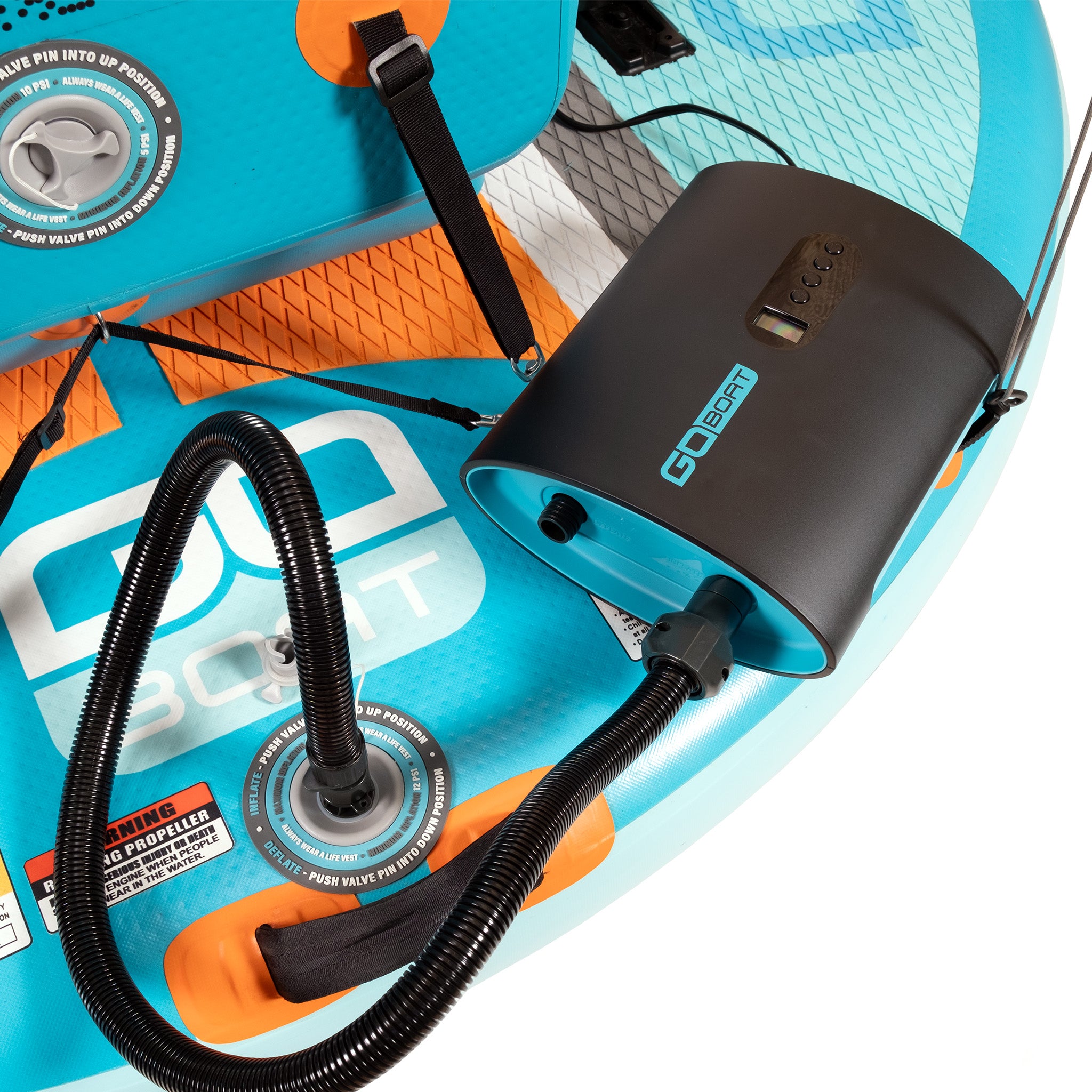 GoBoat High Pressure Air Pump with hose and nozzle attachments for inflatable boats